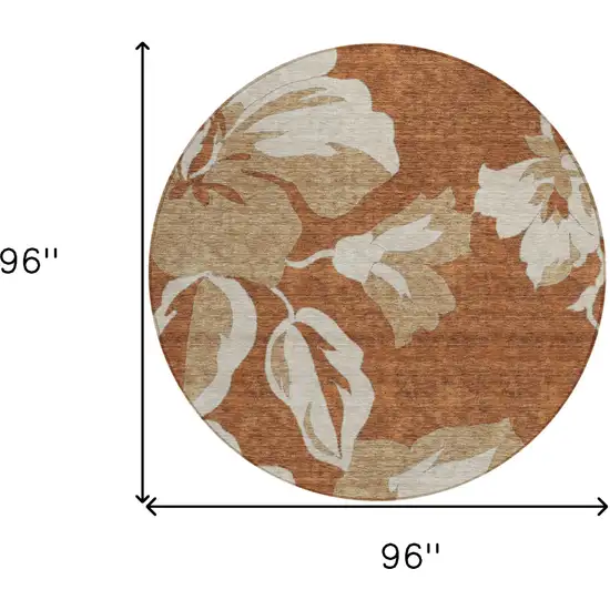 8' Terra Cotta And Beige Round Floral Washable Indoor Outdoor Area Rug Photo 3