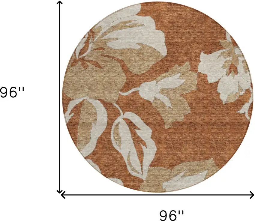 8' Terra Cotta And Beige Round Floral Washable Indoor Outdoor Area Rug Photo 3