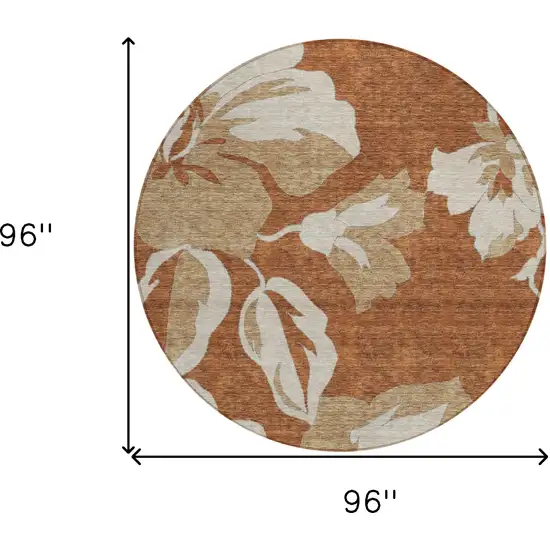 8' Terra Cotta And Beige Round Floral Washable Indoor Outdoor Area Rug Photo 3