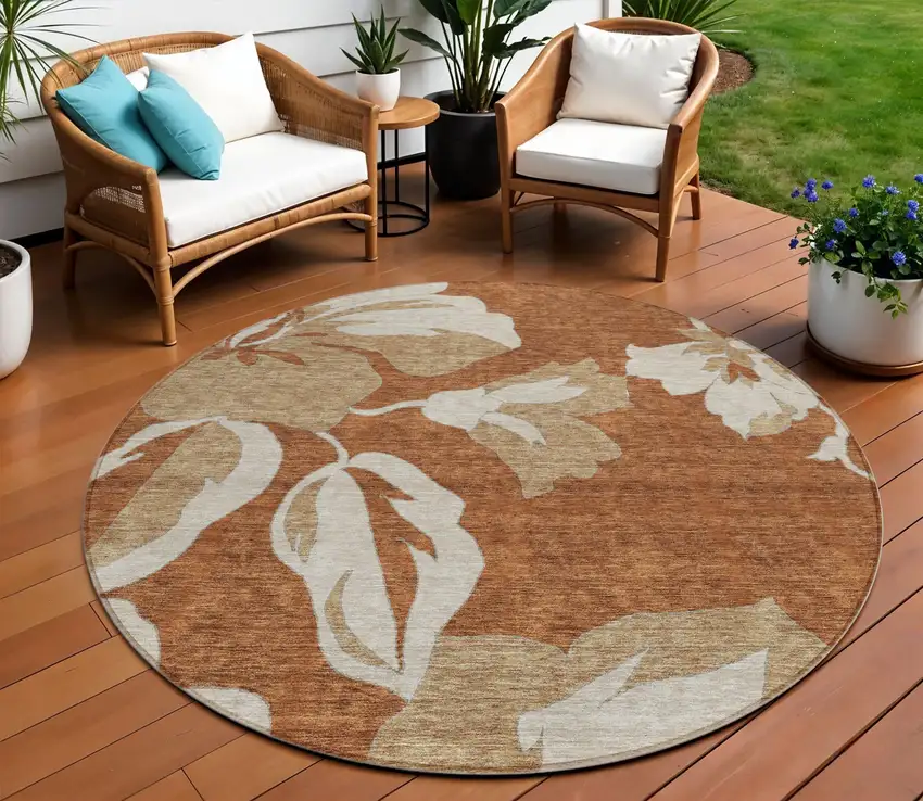 8' Terra Cotta And Beige Round Floral Washable Indoor Outdoor Area Rug Photo 1