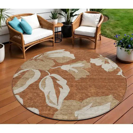 8' Terra Cotta And Beige Round Floral Washable Indoor Outdoor Area Rug Photo 1