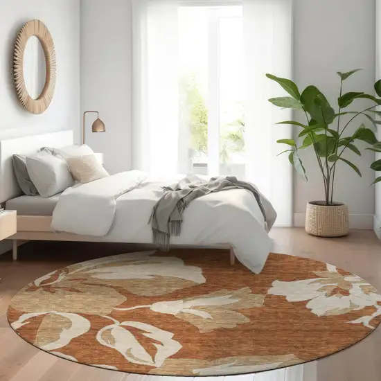 8' Terra Cotta And Beige Round Floral Washable Indoor Outdoor Area Rug Photo 9