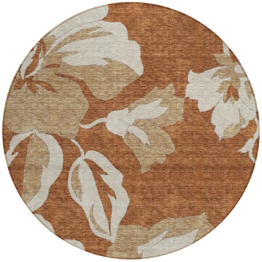 8' Terra Cotta And Beige Round Floral Washable Indoor Outdoor Area Rug Photo 7