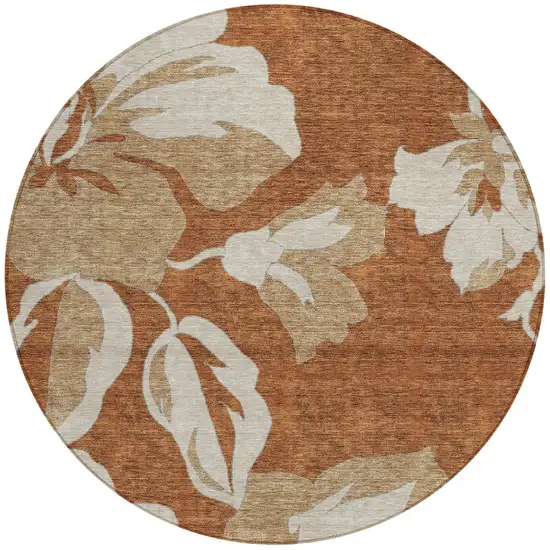 8' Terra Cotta And Beige Round Floral Washable Indoor Outdoor Area Rug Photo 7