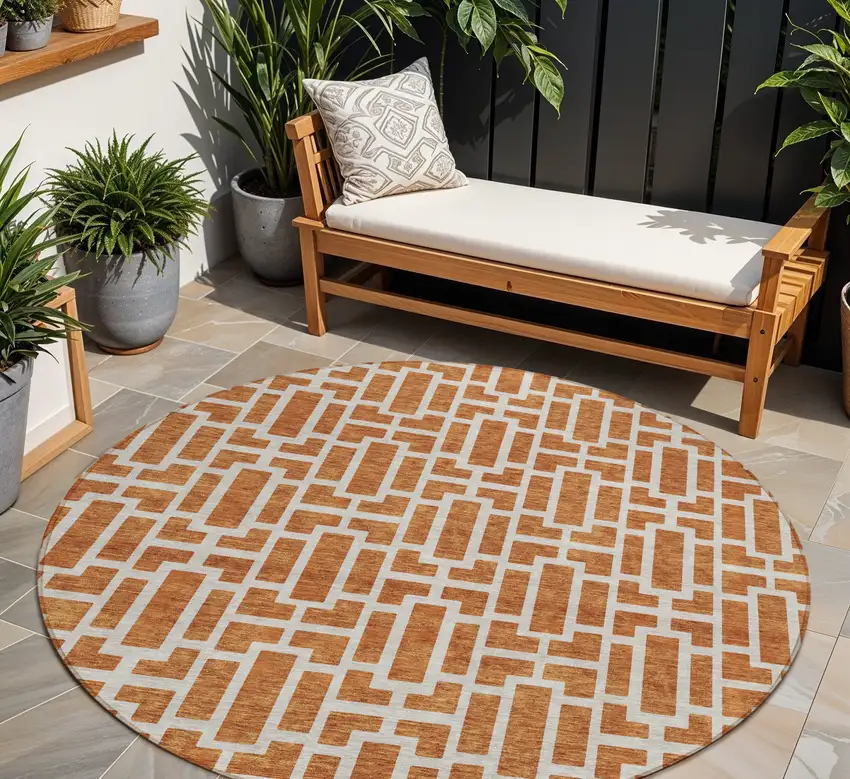 8' Terra Cotta And Beige Round Geometric Washable Indoor Outdoor Area Rug Photo 1