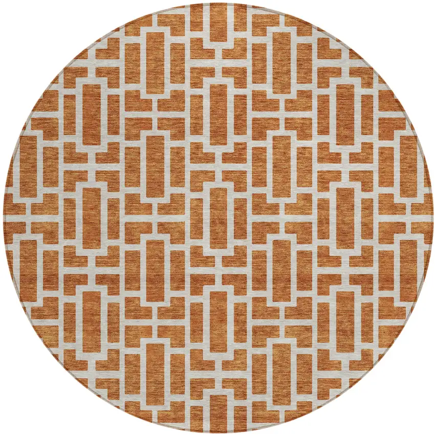 8' Terra Cotta And Beige Round Geometric Washable Indoor Outdoor Area Rug Photo 2
