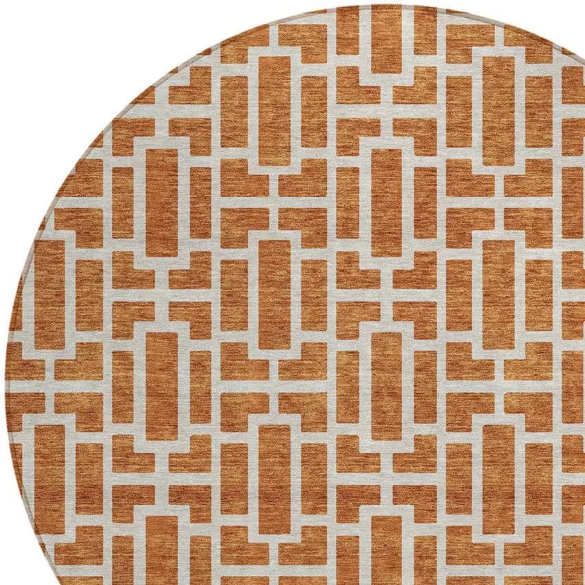 8' Terra Cotta And Beige Round Geometric Washable Indoor Outdoor Area Rug Photo 5