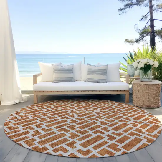 8' Terra Cotta And Beige Round Geometric Washable Indoor Outdoor Area Rug Photo 7