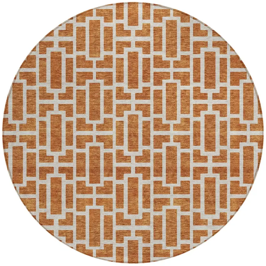 8' Terra Cotta And Beige Round Geometric Washable Indoor Outdoor Area Rug Photo 6