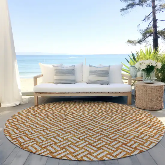 8' Terra Cotta And Beige Round Geometric Washable Indoor Outdoor Area Rug Photo 7