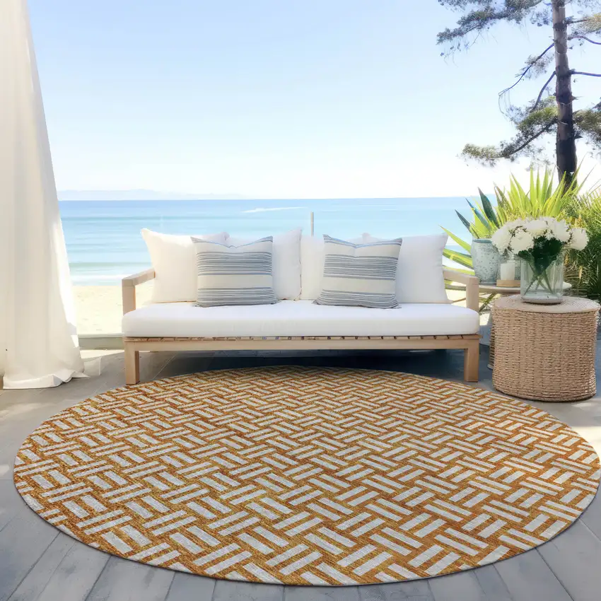 8' Terra Cotta And Beige Round Geometric Washable Indoor Outdoor Area Rug Photo 7