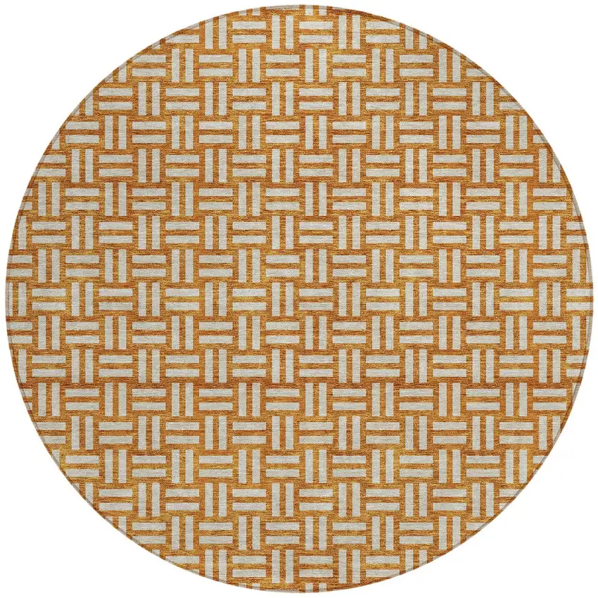 8' Terra Cotta And Beige Round Geometric Washable Indoor Outdoor Area Rug Photo 5