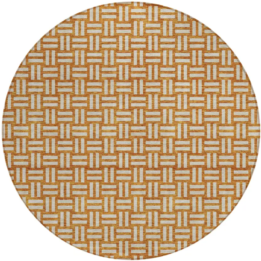 8' Terra Cotta And Beige Round Geometric Washable Indoor Outdoor Area Rug Photo 2