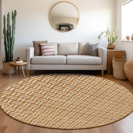 8' Terra Cotta And Beige Round Geometric Washable Indoor Outdoor Area Rug Photo 8