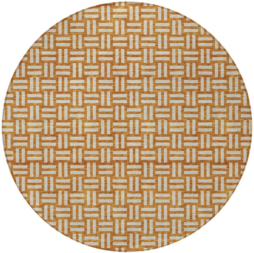 8' Terra Cotta And Beige Round Geometric Washable Indoor Outdoor Area Rug Photo 6