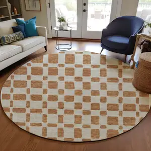 Photo of 8' Terra Cotta And Beige Round Geometric Washable Indoor Outdoor Area Rug
