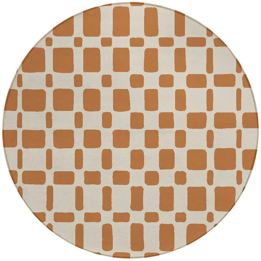 8' Terra Cotta And Beige Round Geometric Washable Indoor Outdoor Area Rug Photo 5