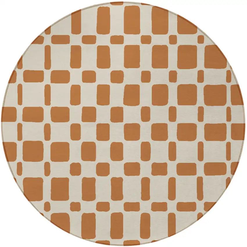 8' Terra Cotta And Beige Round Geometric Washable Indoor Outdoor Area Rug Photo 6