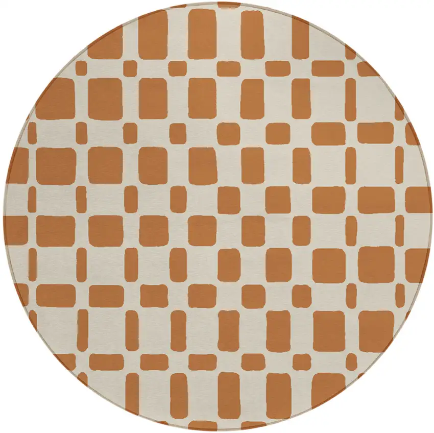 8' Terra Cotta And Beige Round Geometric Washable Indoor Outdoor Area Rug Photo 2