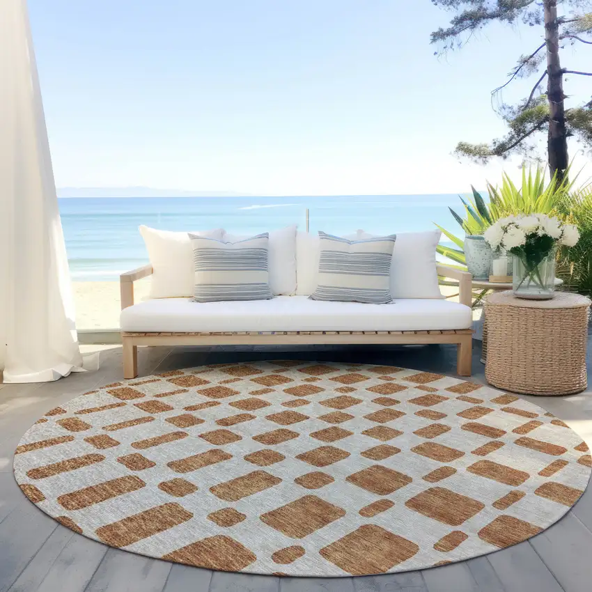 8' Terra Cotta And Beige Round Geometric Washable Indoor Outdoor Area Rug Photo 7