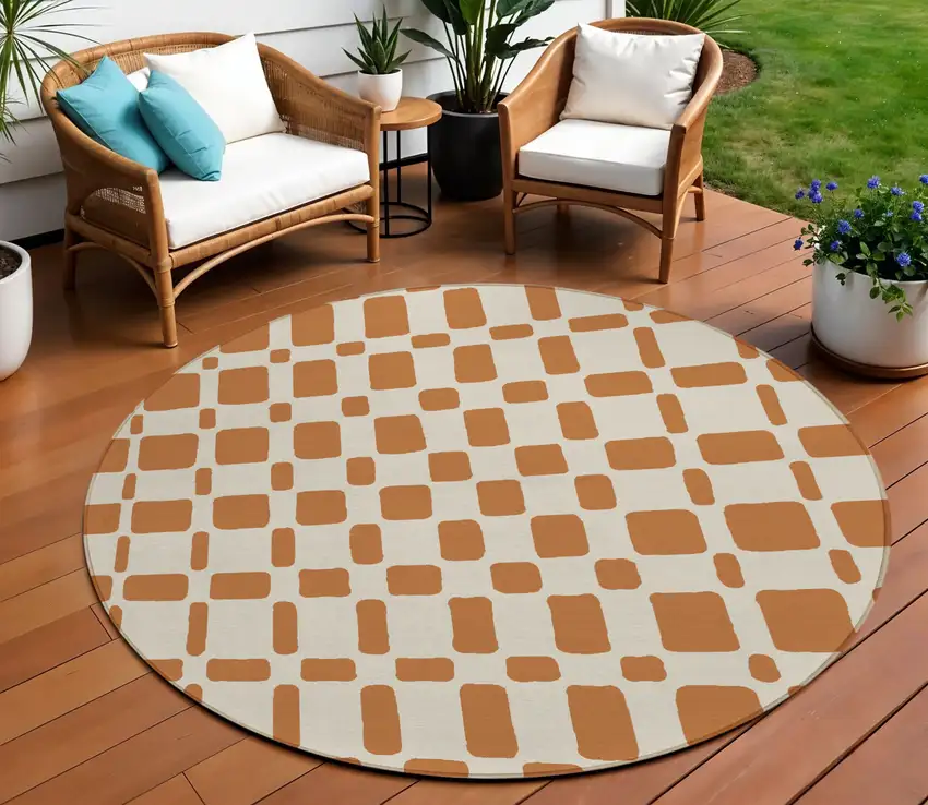 8' Terra Cotta And Beige Round Geometric Washable Indoor Outdoor Area Rug Photo 1