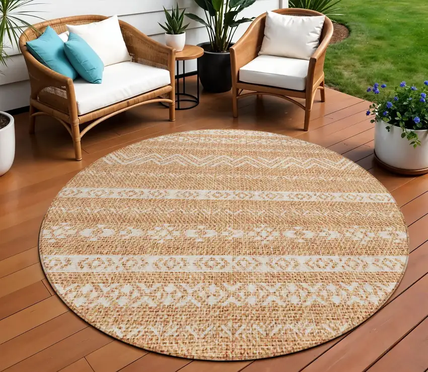 8' Terra Cotta And Beige Round Southwestern Washable Indoor Outdoor Area Rug Photo 1