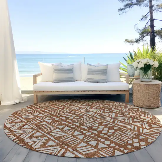 8' Terra Cotta And Beige Round Southwestern Washable Indoor Outdoor Area Rug Photo 7