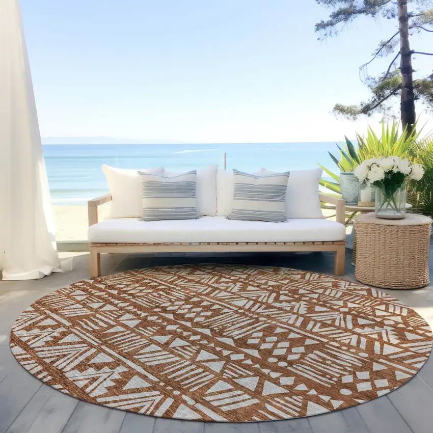 8' Terra Cotta And Beige Round Southwestern Washable Indoor Outdoor Area Rug Photo 7