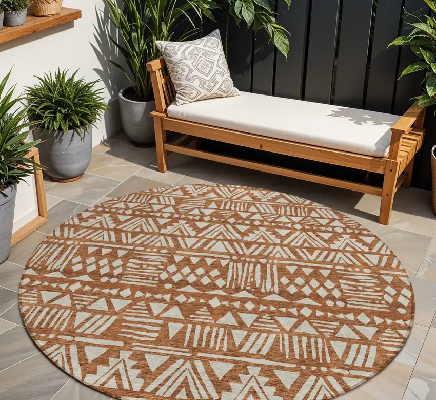 8' Terra Cotta And Beige Round Southwestern Washable Indoor Outdoor Area Rug Photo 1