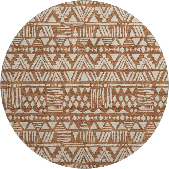 8' Terra Cotta And Beige Southwestern Washable Round Rug With UV Protection Photo 1