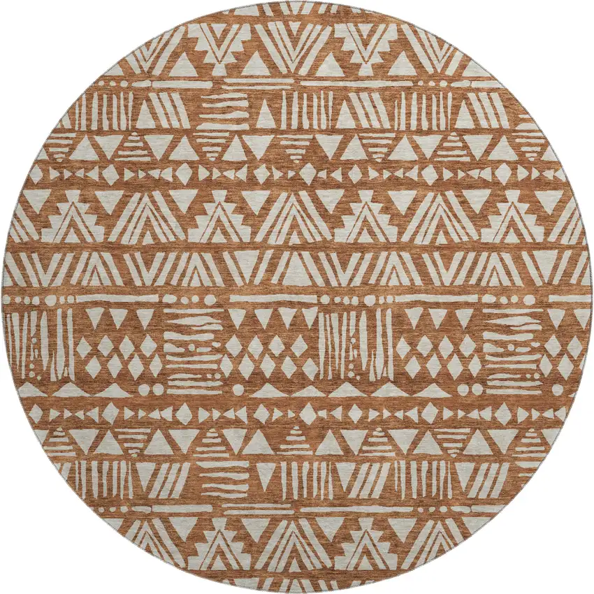 8' Terra Cotta And Beige Southwestern Washable Round Rug With UV Protection Photo 1
