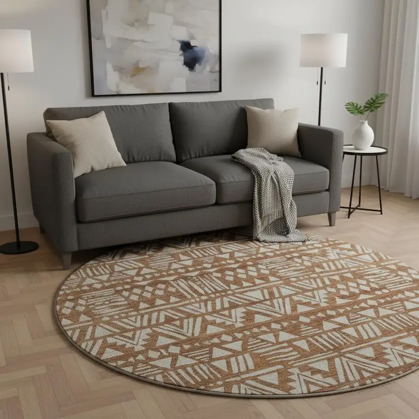 8' Terra Cotta And Beige Southwestern Washable Round Rug With UV Protection Photo 2