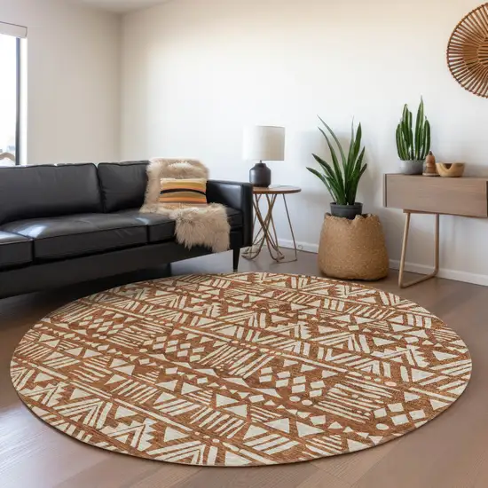 8' Terra Cotta And Beige Southwestern Washable Round Rug With UV Protection Photo 5