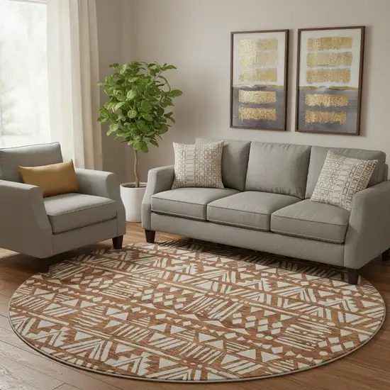 8' Terra Cotta And Beige Southwestern Washable Round Rug With UV Protection Photo 1