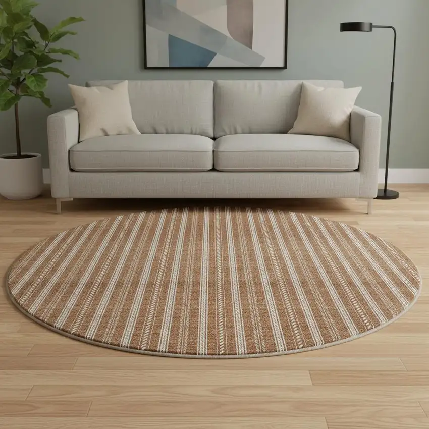8' Terra Cotta And Beige Striped Washable Round Rug With UV Protection Photo 2