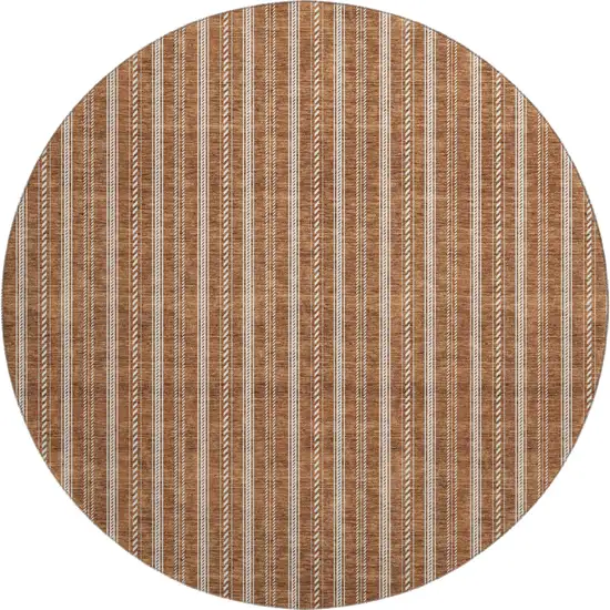 8' Terra Cotta And Beige Striped Washable Round Rug With UV Protection Photo 1