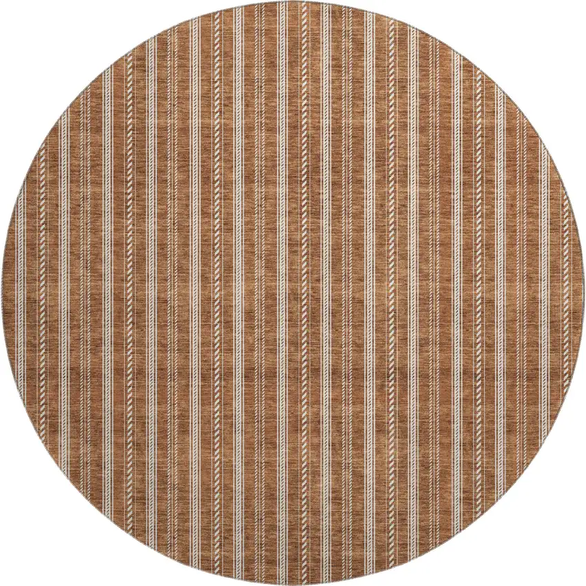 8' Terra Cotta And Beige Striped Washable Round Rug With UV Protection Photo 1