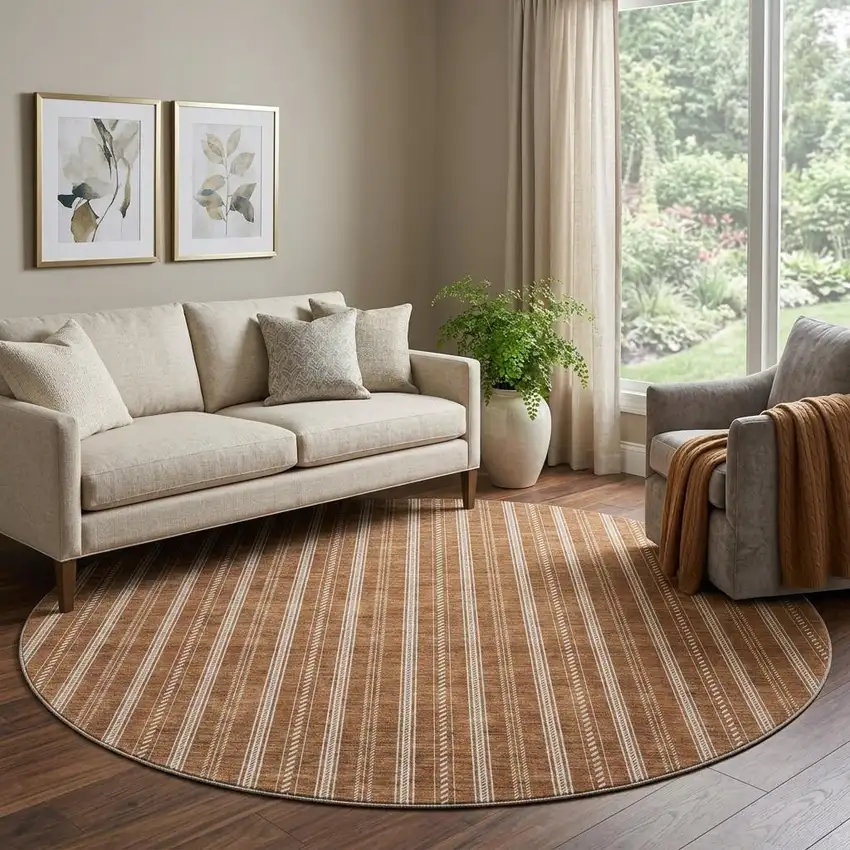 8' Terra Cotta And Beige Striped Washable Round Rug With UV Protection Photo 1