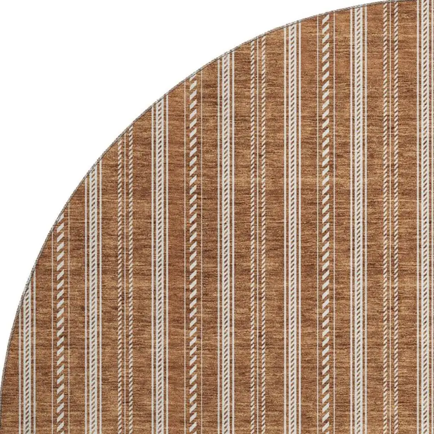 8' Terra Cotta And Beige Striped Washable Round Rug With UV Protection Photo 3