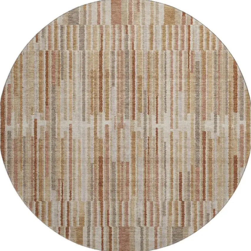 8' Terra Cotta And Beige Striped Washable Round Rug With UV Protection Photo 3