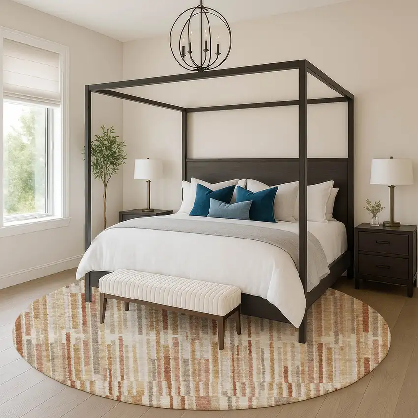 8' Terra Cotta And Beige Striped Washable Round Rug With UV Protection Photo 5