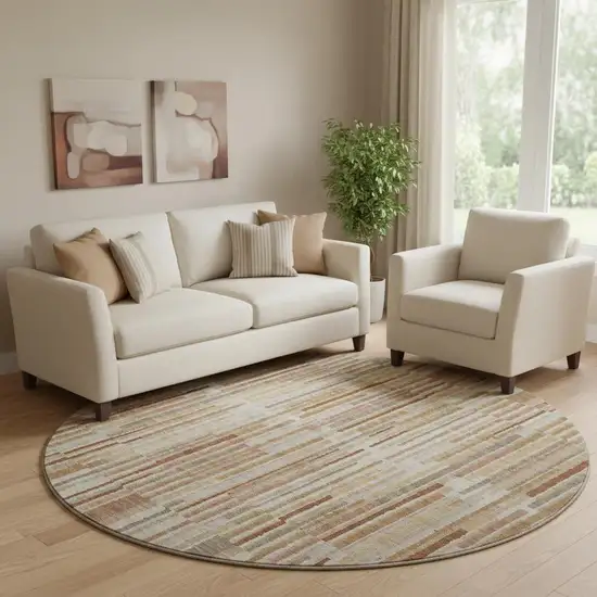 8' Terra Cotta And Beige Striped Washable Round Rug With UV Protection Photo 2