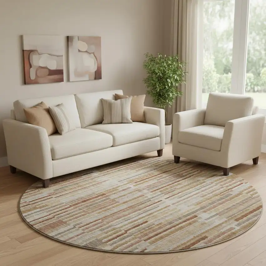 8' Terra Cotta And Beige Striped Washable Round Rug With UV Protection Photo 2