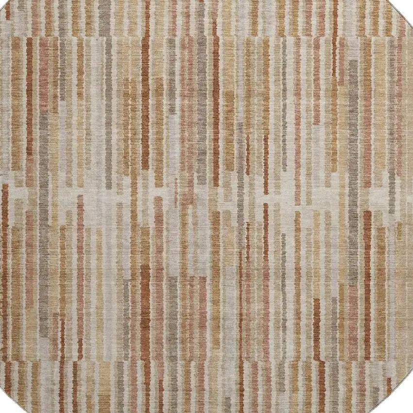 8' Terra Cotta And Beige Striped Washable Round Rug With UV Protection Photo 6