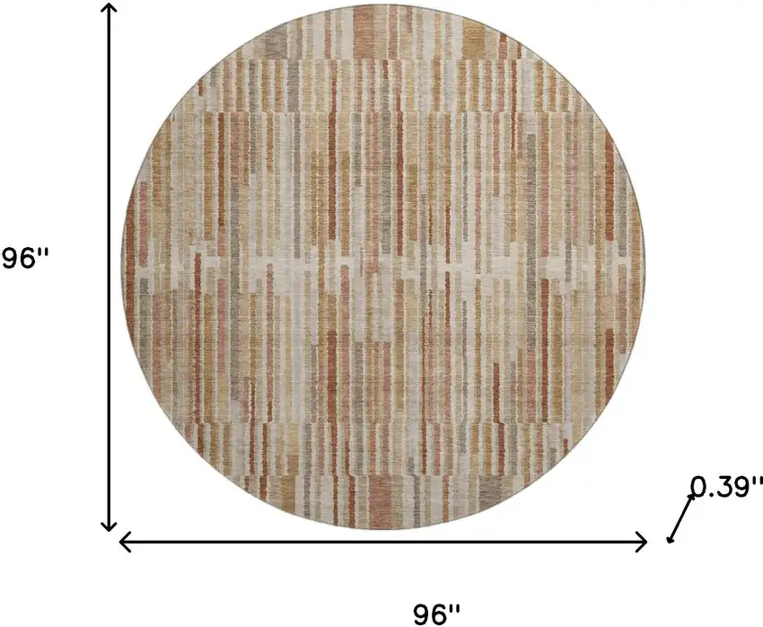 8' Terra Cotta And Beige Striped Washable Round Rug With UV Protection Photo 9