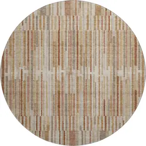 Photo of 8' Terra Cotta And Beige Striped Washable Round Rug With UV Protection