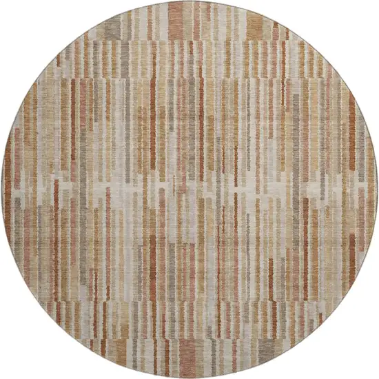 8' Terra Cotta And Beige Striped Washable Round Rug With UV Protection Photo 1