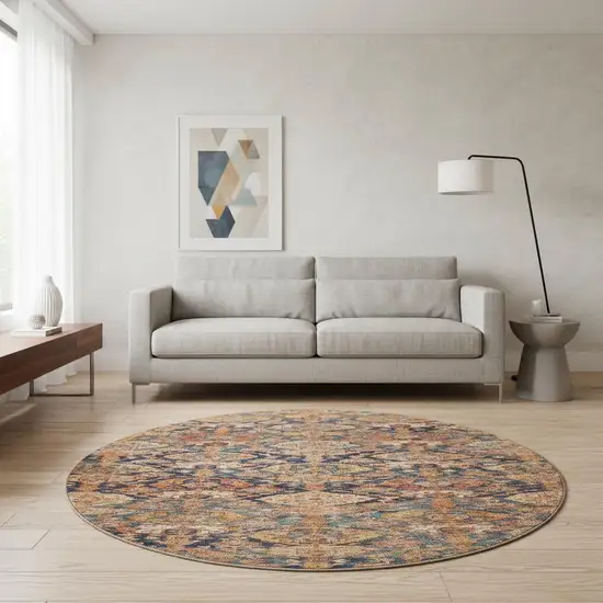 8' Terra Cotta And Blue Damask Washable Round Rug With UV Protection Photo 1