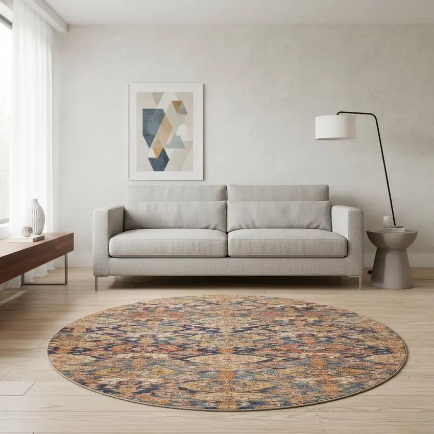 8' Terra Cotta And Blue Damask Washable Round Rug With UV Protection Photo 1