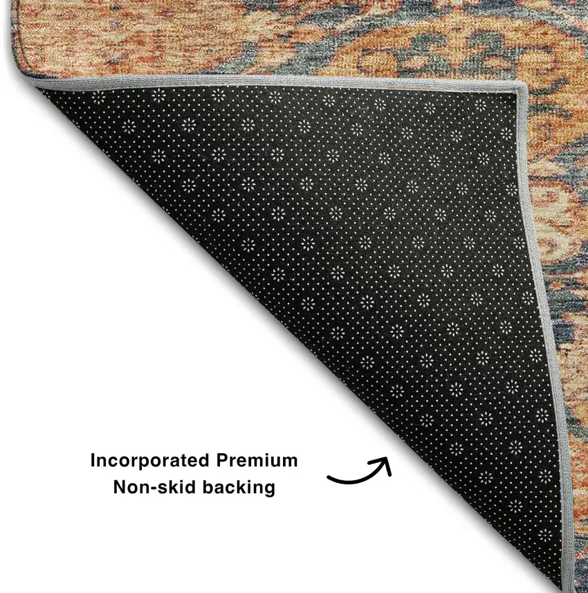 8' Terra Cotta And Blue Damask Washable Round Rug With UV Protection Photo 5